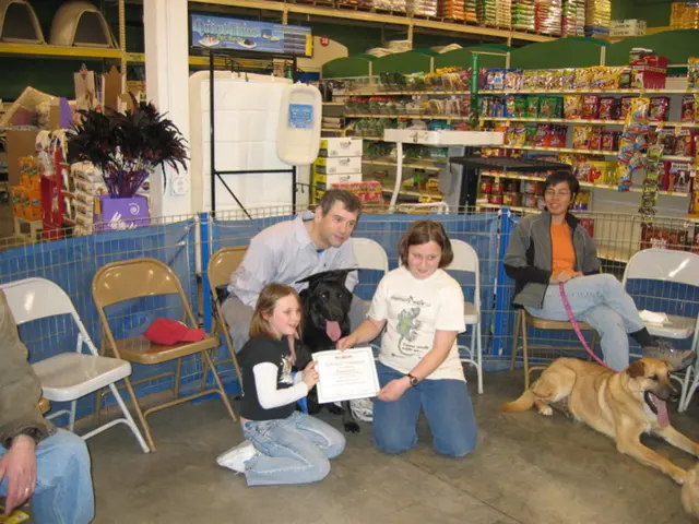 In the picture there are few people sitting on the chairs and there are two dogs and there are two...