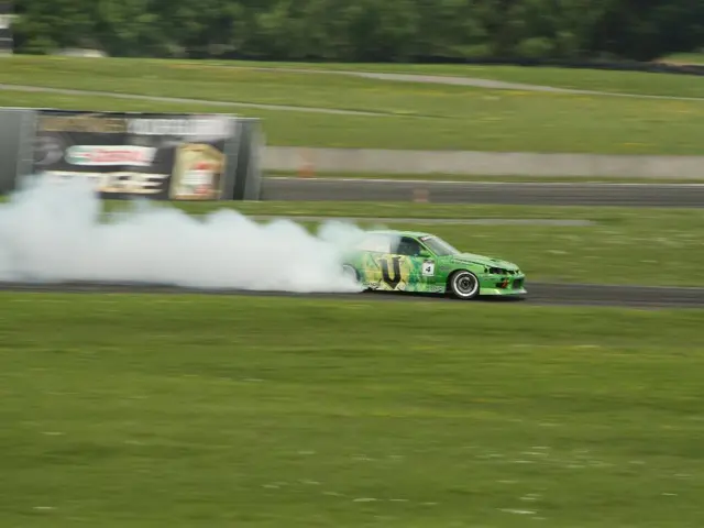 In the picture I can see the sports car on the road and I can see the smoke. I can see the grass...