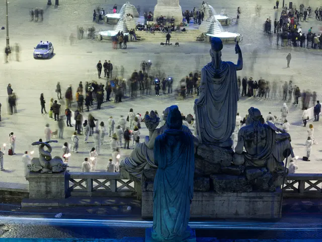 In this picture we can see some sculptures, some people are on the land and we can see vehicle.