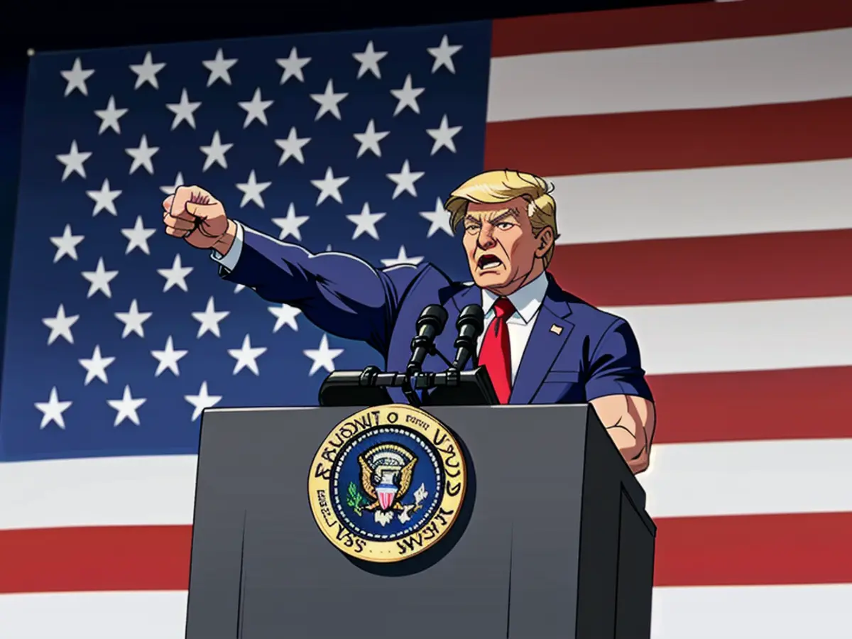 Trump, the previous U.S. president, delivering remarks while positioned in front of a substantial...