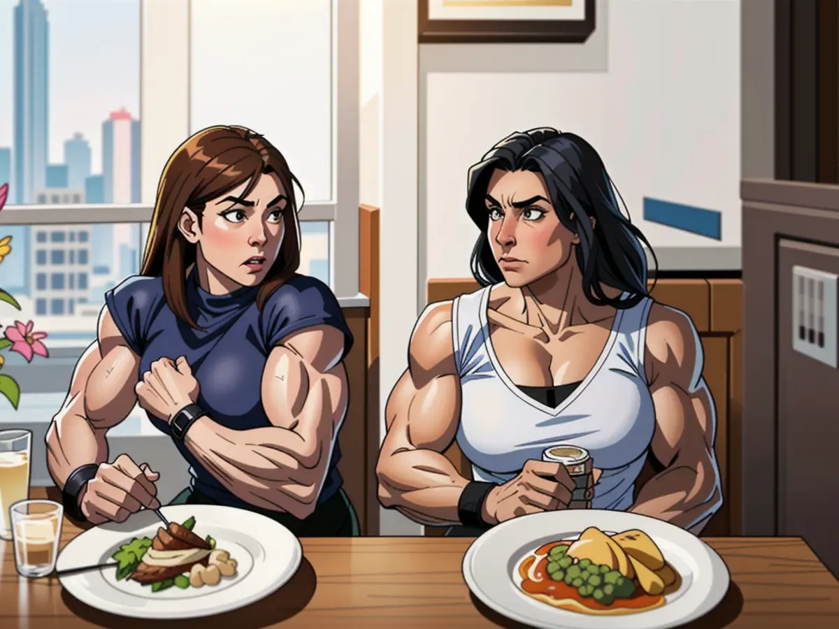 Two individuals indulging in a meal at an eatery.