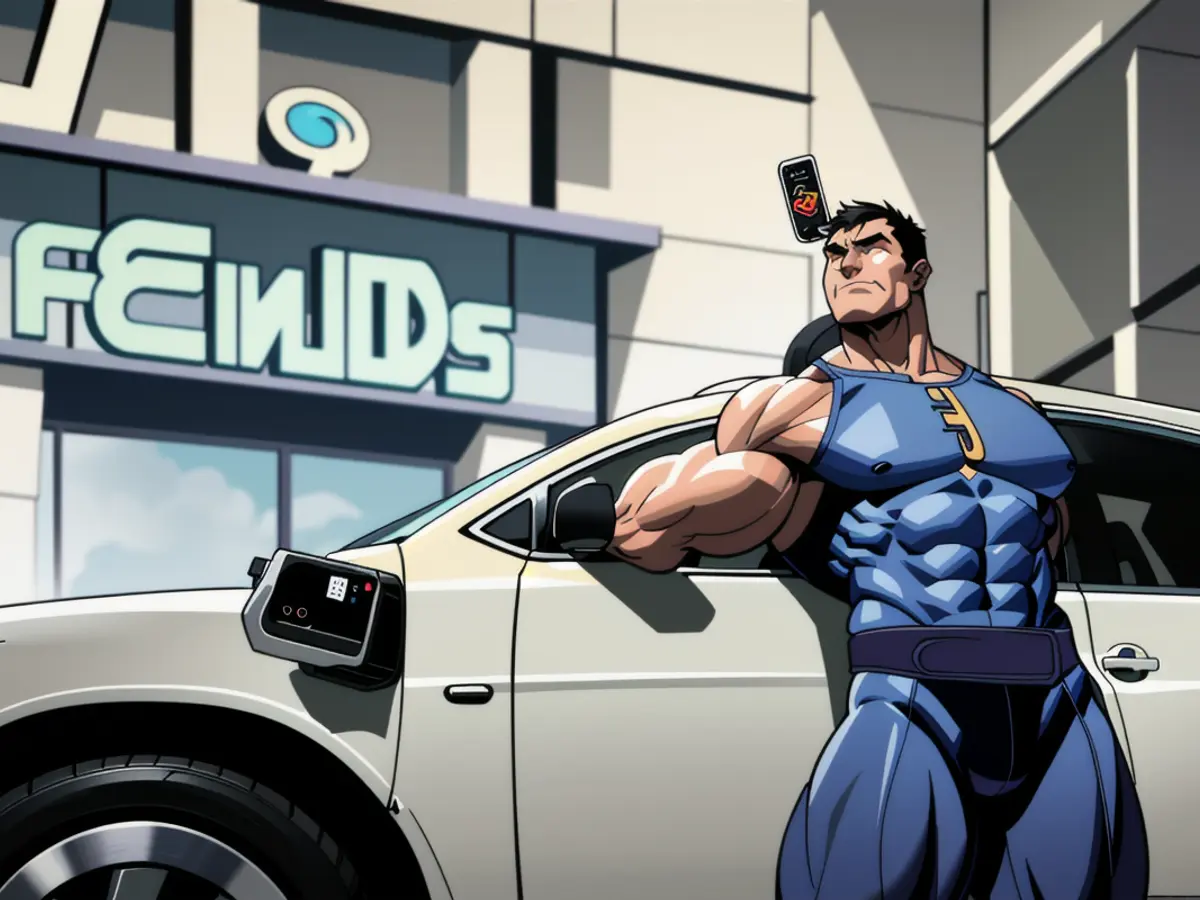 A motorist examines their device while recharging an electric vehicle.